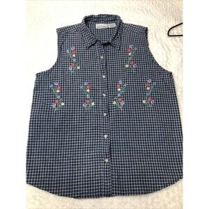 Basic Editions Button Up Embroidered Sleeveless Gingham Cottage Top Women  L